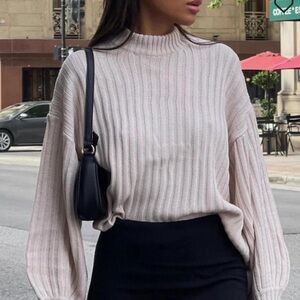 Princess Polly Pink/Cream Ribbed Mockneck Sweater